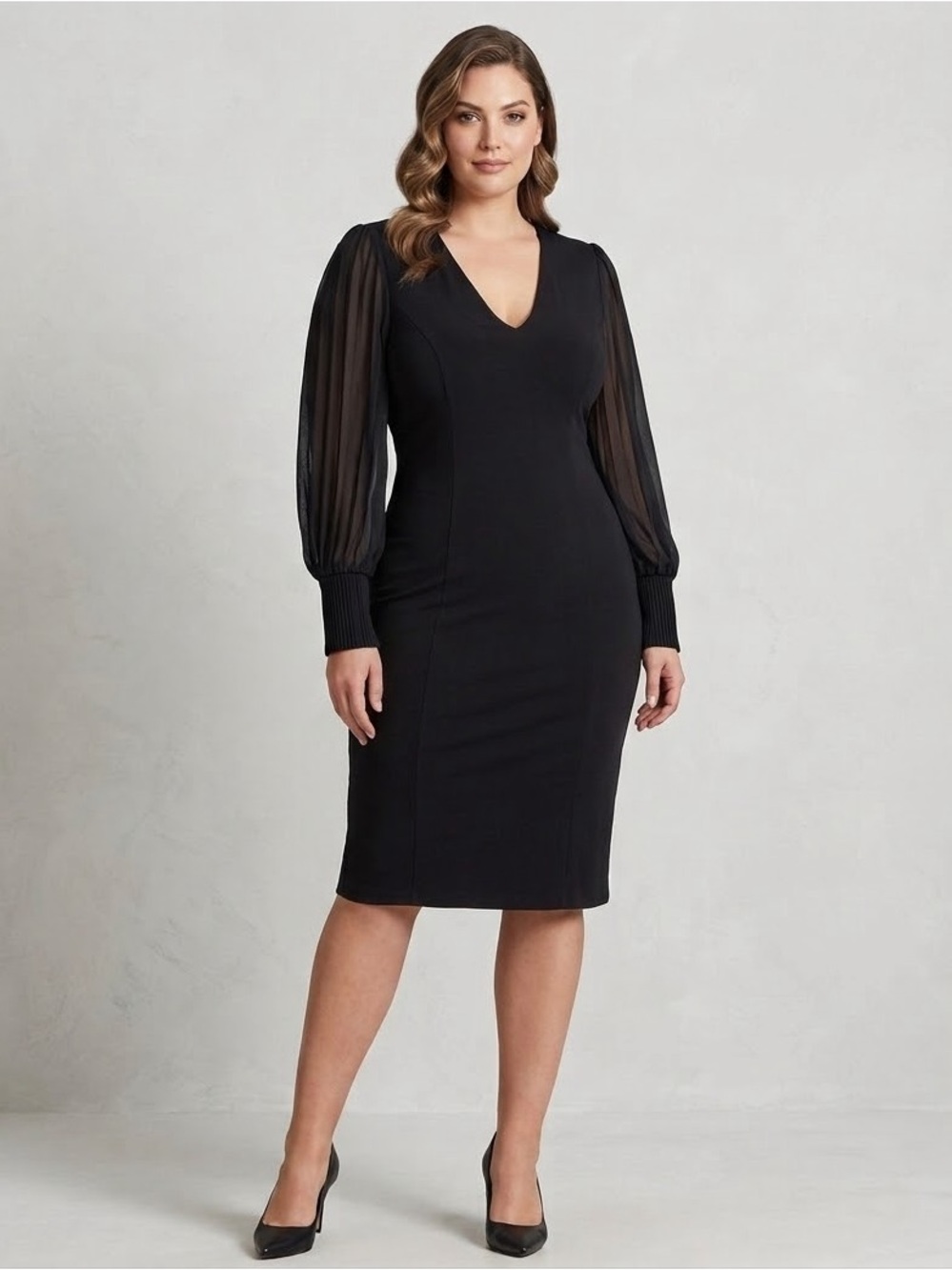 Karen Kane XL Black Sheer Sleeve V-Neck Dress Chiffon Blouson LBD USA Made